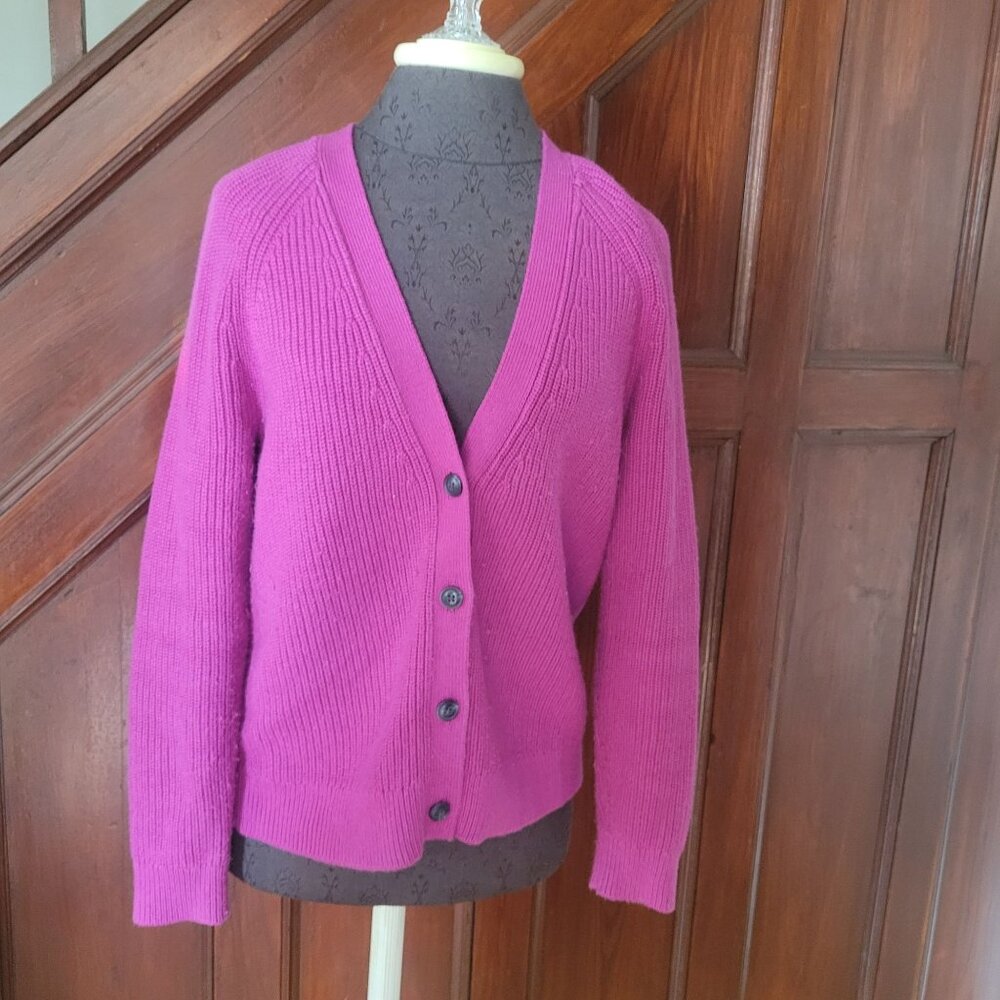 Talbots Petite Womens Button-Down Cardigan Sweater Vibrant Pink Cotton Blend Siz